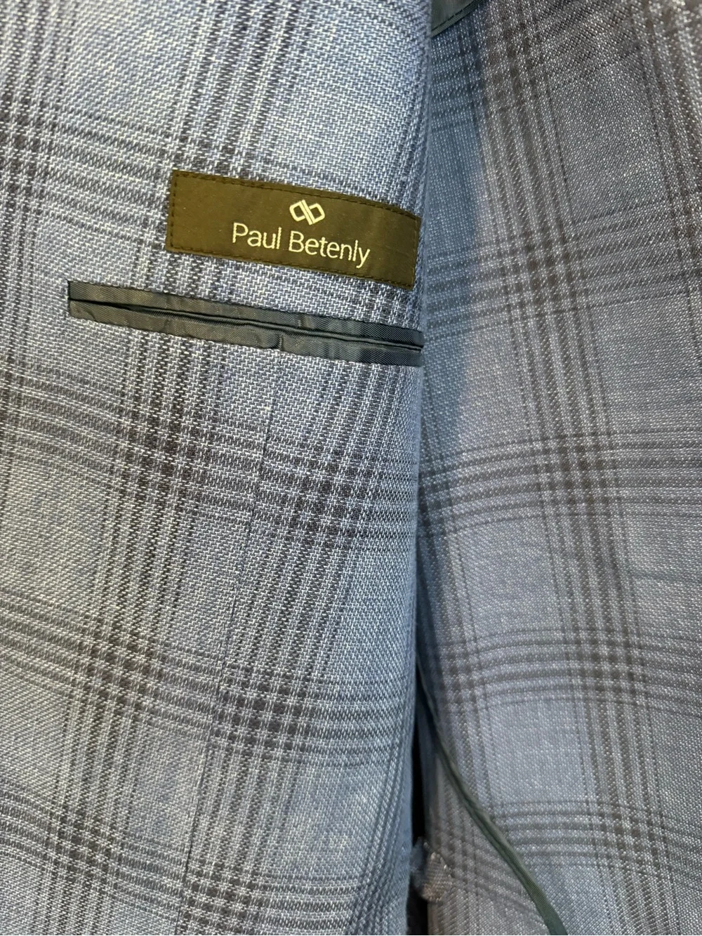 Paul Betenly Men's Blue Plaid Sport Coat 50% Cotton 50% Linen - Size 44R